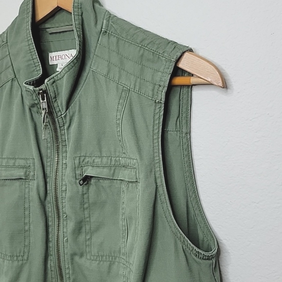 MERONA Army Green Utility Cargo Vest size Large Pockets Drawstring - Picture 13 of 17